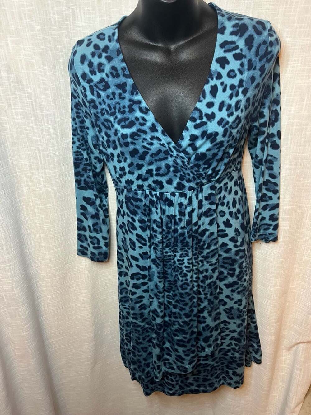 Soma Casual Luxury Else LS Short Dress Purrfect Blue Leopard Print XS